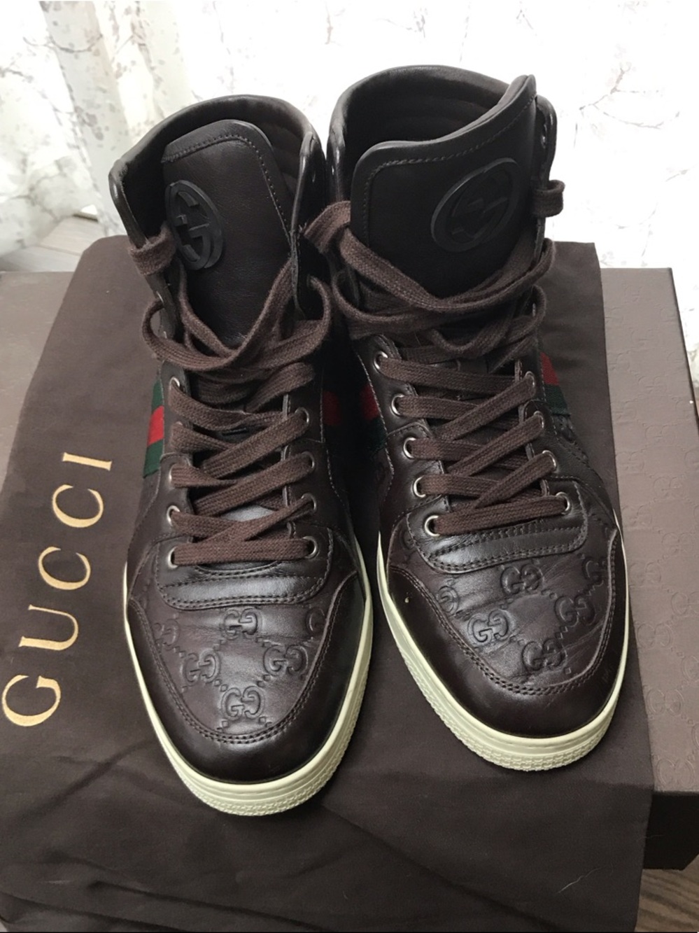 Gucci Dark Brown Leather High-Top Sneakers with Green-Red Web Stripe